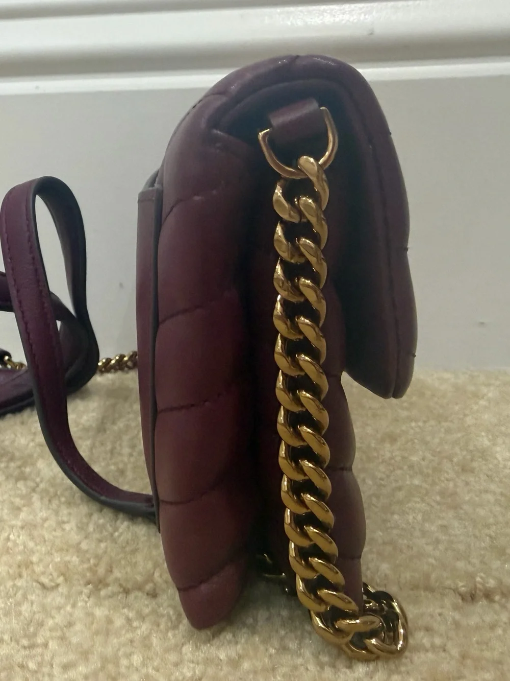 Tory Burch Kira Chevron Leather Wallet Crossbody Bag Plum Burgundy Gold Hardware